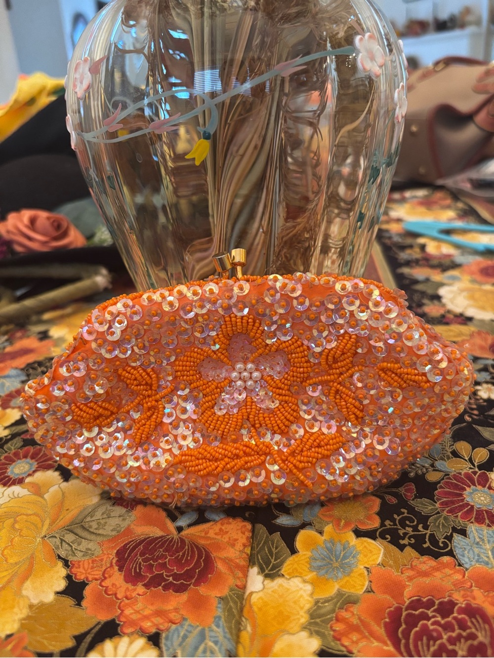 Vintage Showgirl Sequin Coin Purse 1960’s Orange By Jordan Marsh Co.